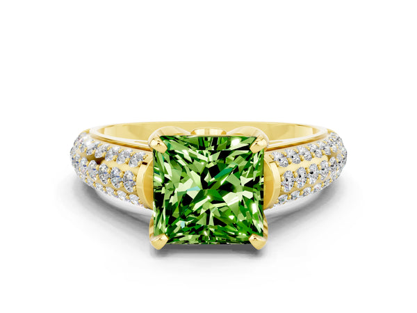 Yellow gold Princess Cut Peridot Solitaire Ring with Three-Row Pavé Band and Four-Prong Setting