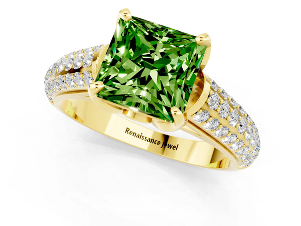 Yellow gold Princess Cut Peridot Solitaire Ring with Three-Row Pavé Band and Four-Prong Setting