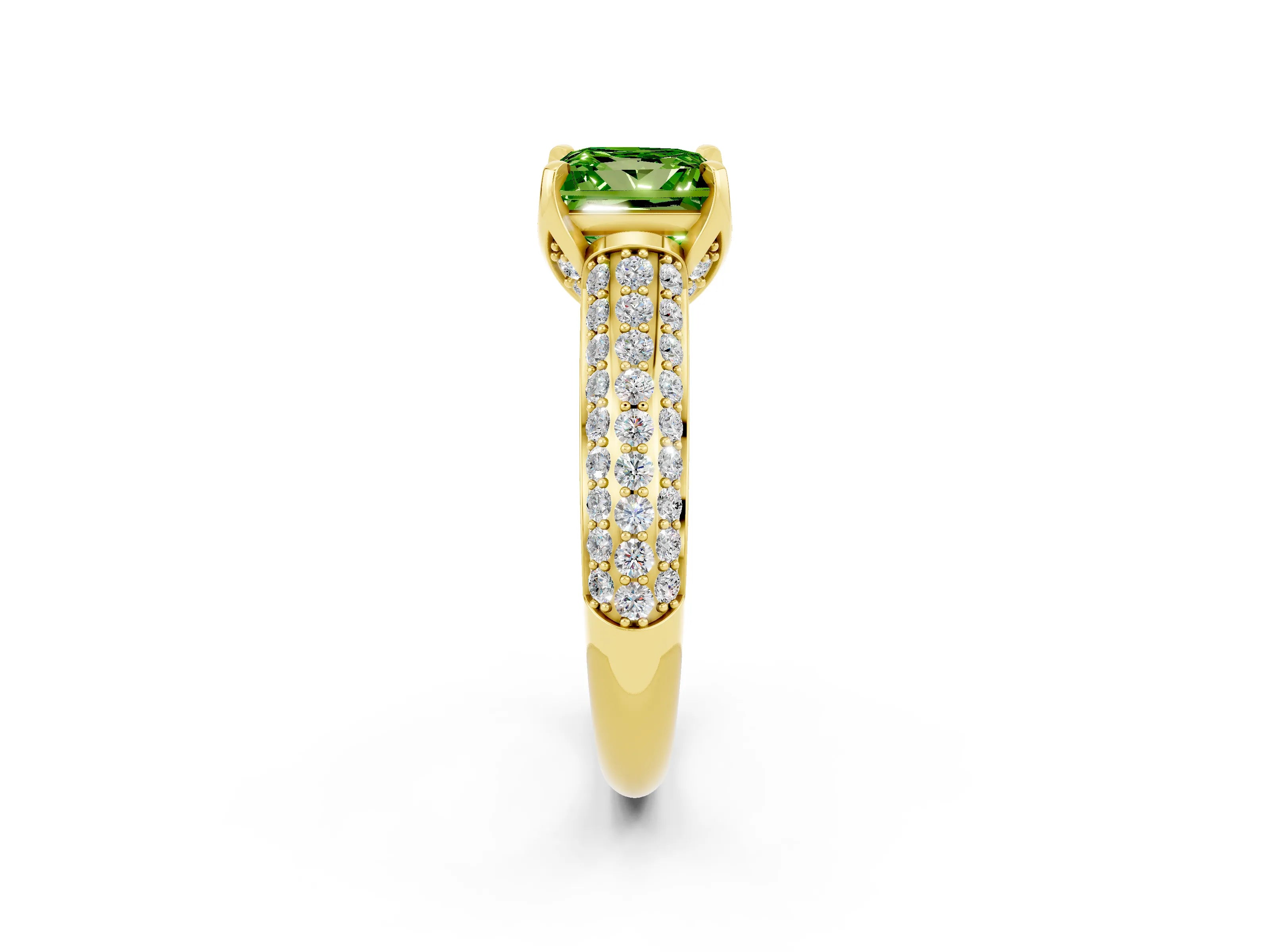 Yellow gold Princess Cut Peridot Solitaire Ring with Three-Row Pavé Band and Four-Prong Setting_14