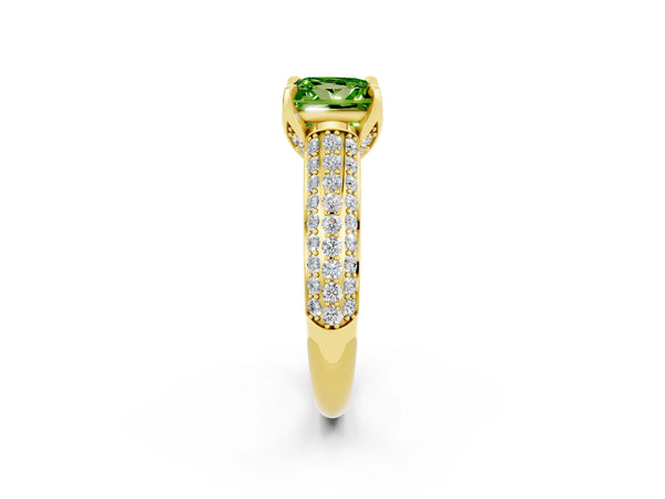 Yellow gold Princess Cut Peridot Solitaire Ring with Three-Row Pavé Band and Four-Prong Setting