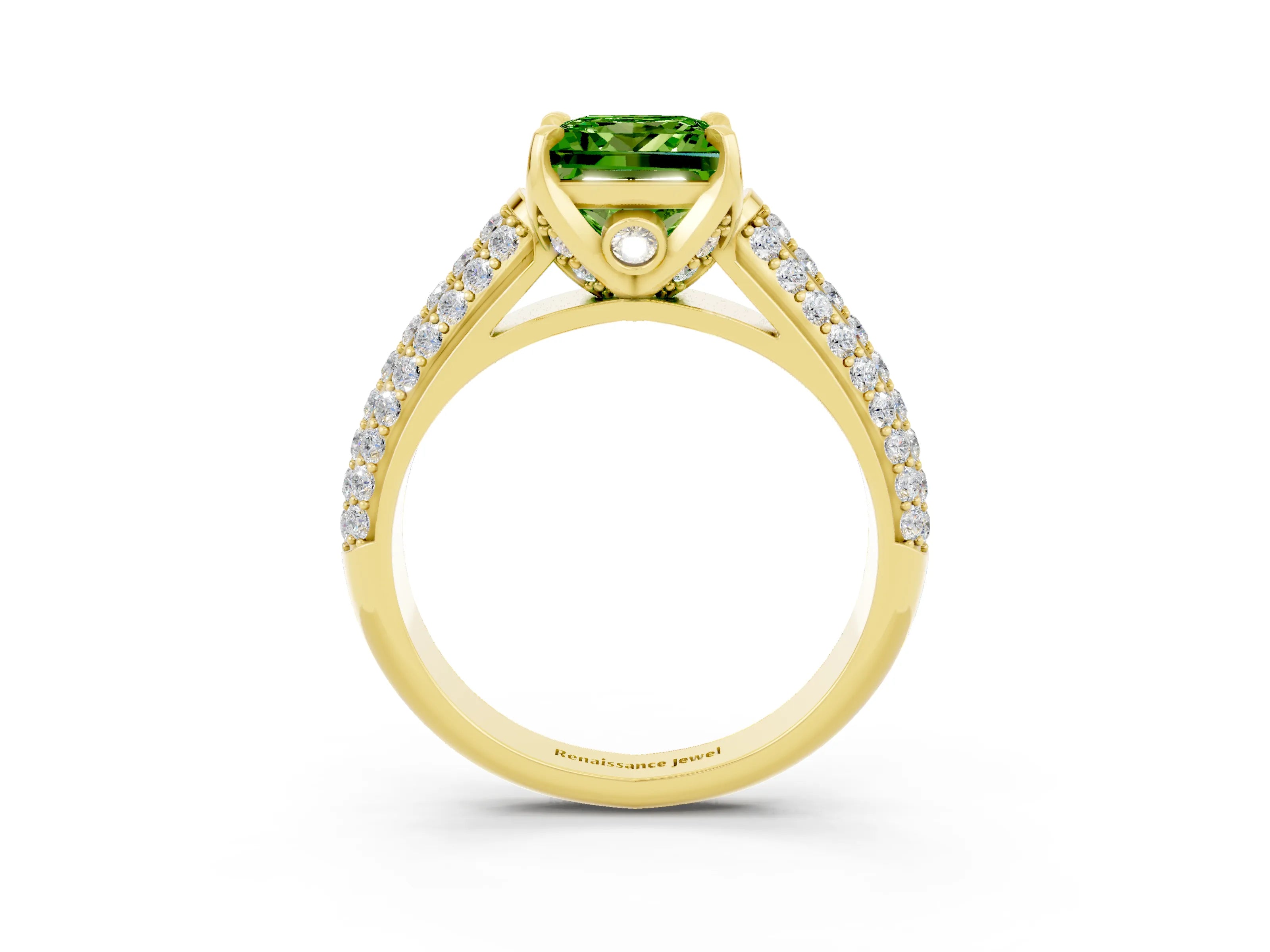 Yellow gold Princess Cut Peridot Solitaire Ring with Three-Row Pavé Band and Four-Prong Setting_15