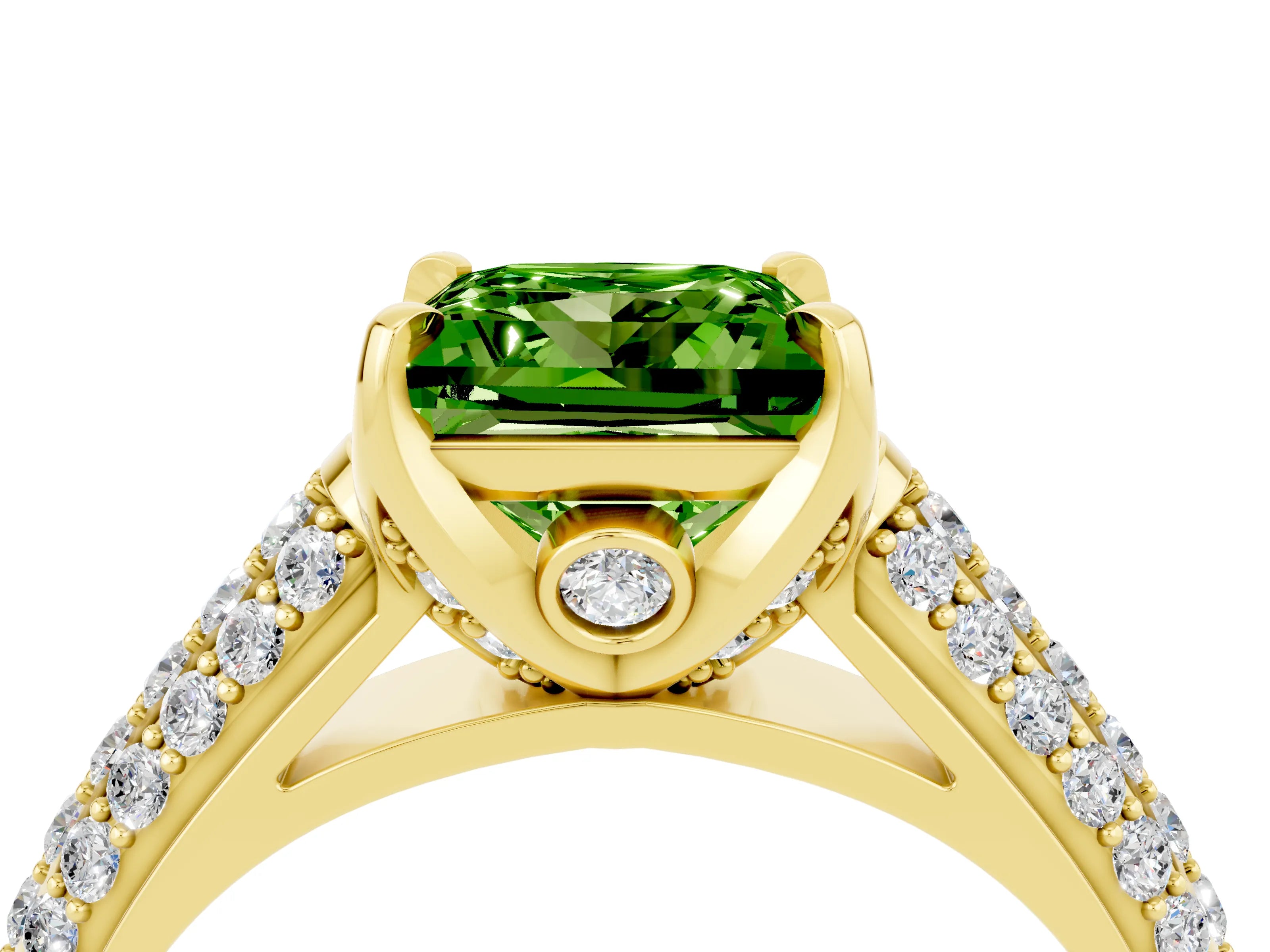 Yellow gold Princess Cut Peridot Solitaire Ring with Three-Row Pavé Band and Four-Prong Setting_16