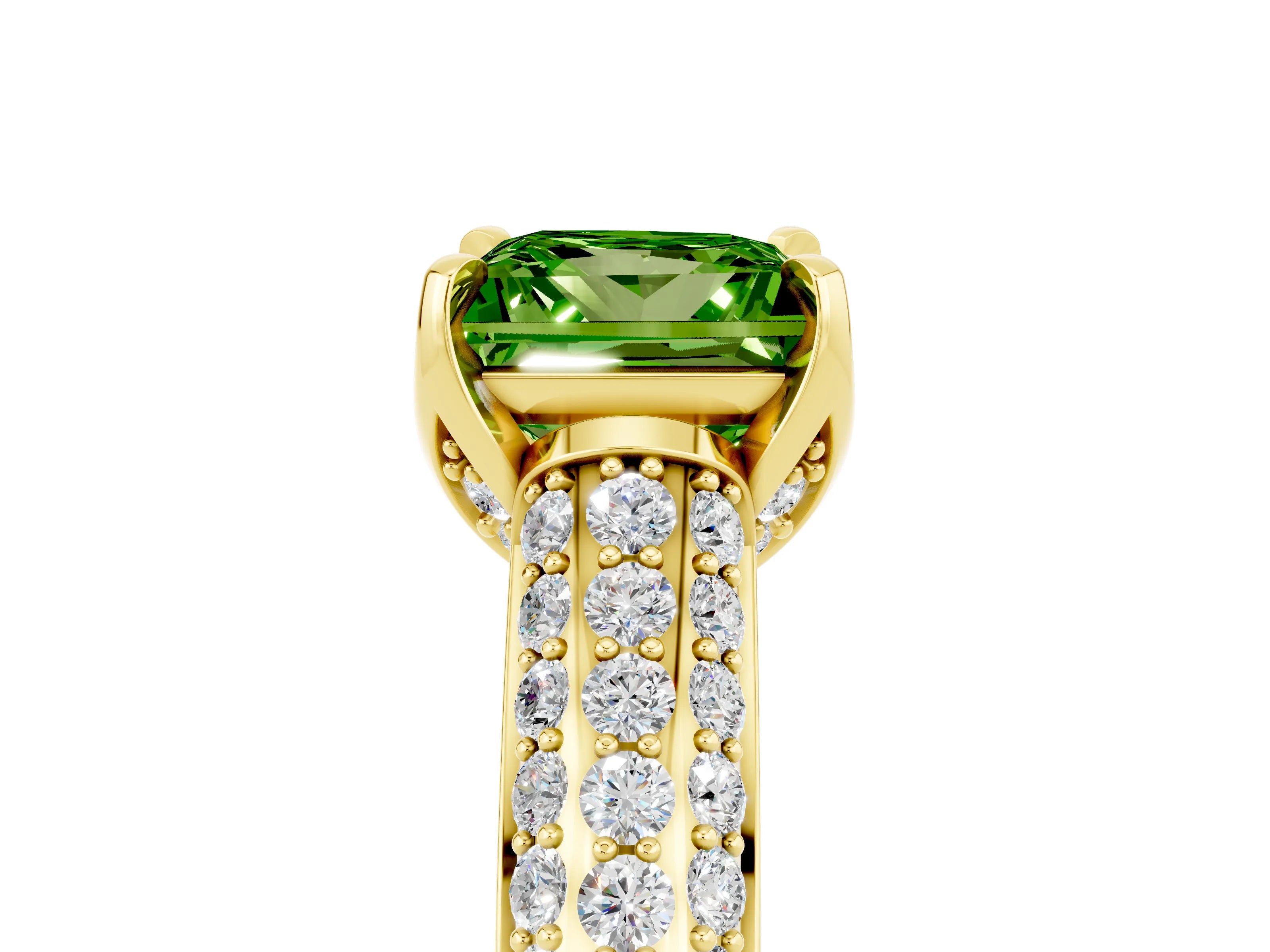 Yellow gold Princess Cut Peridot Solitaire Ring with Three-Row Pavé Band and Four-Prong Setting_17