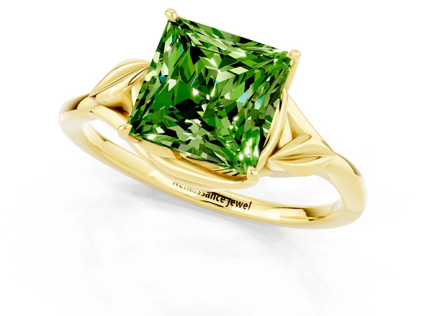 Yellow gold Princess Cut Peridot Solitaire Ring with Twist Band and Four-Prong Setting