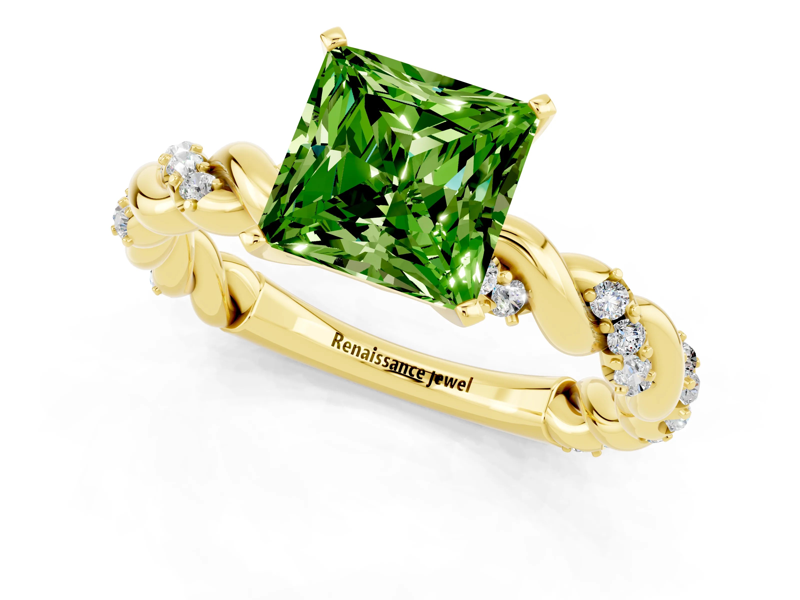 Yellow gold Princess Cut Peridot Solitaire Ring with Twisted Band and Pavé Accents_1