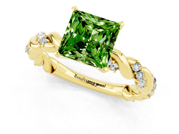Yellow gold Princess Cut Peridot Solitaire Ring with Twisted Band and Pavé Accents