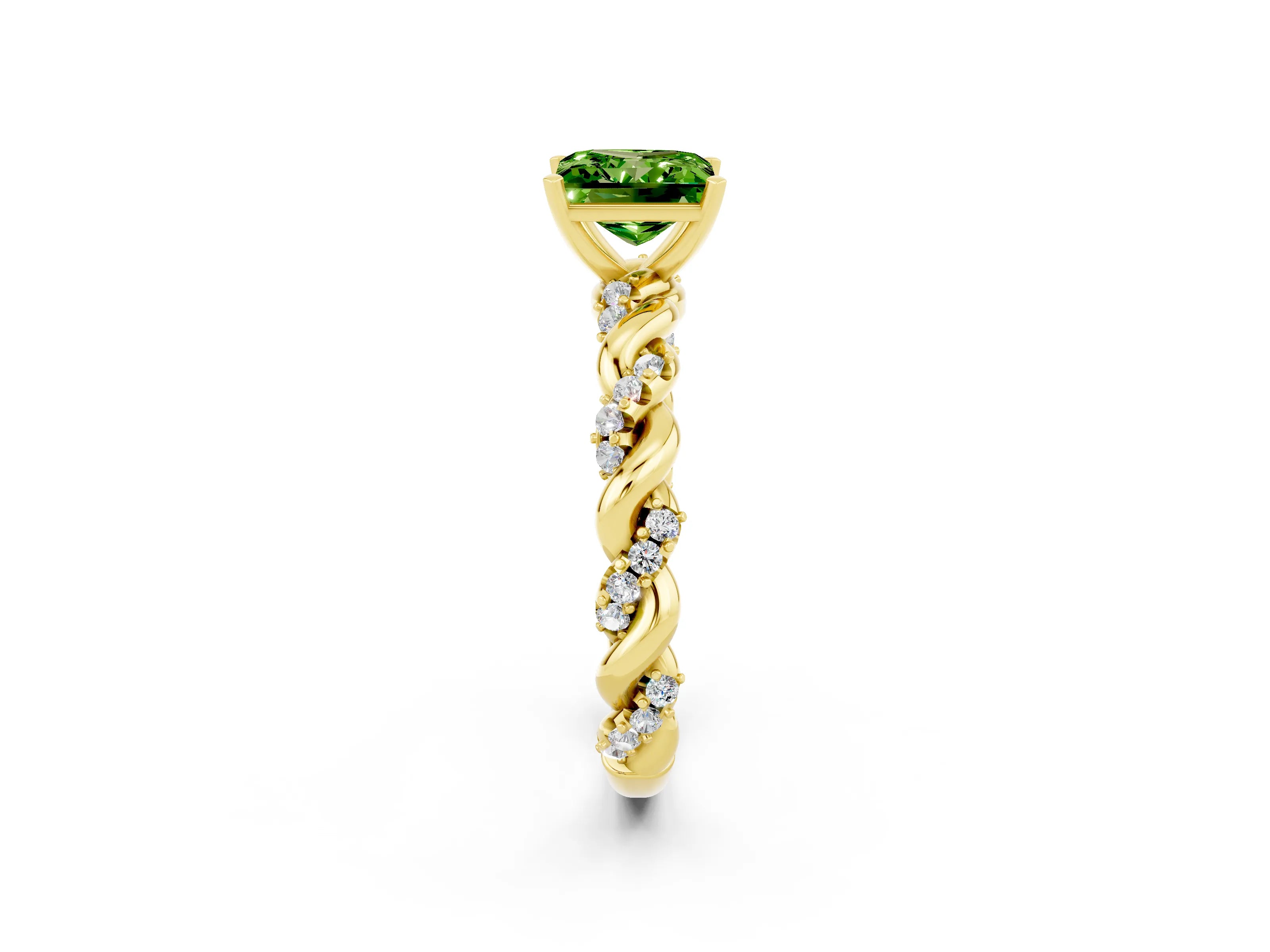 Yellow gold Princess Cut Peridot Solitaire Ring with Twisted Band and Pavé Accents_2