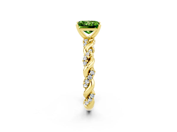 Yellow gold Princess Cut Peridot Solitaire Ring with Twisted Band and Pavé Accents