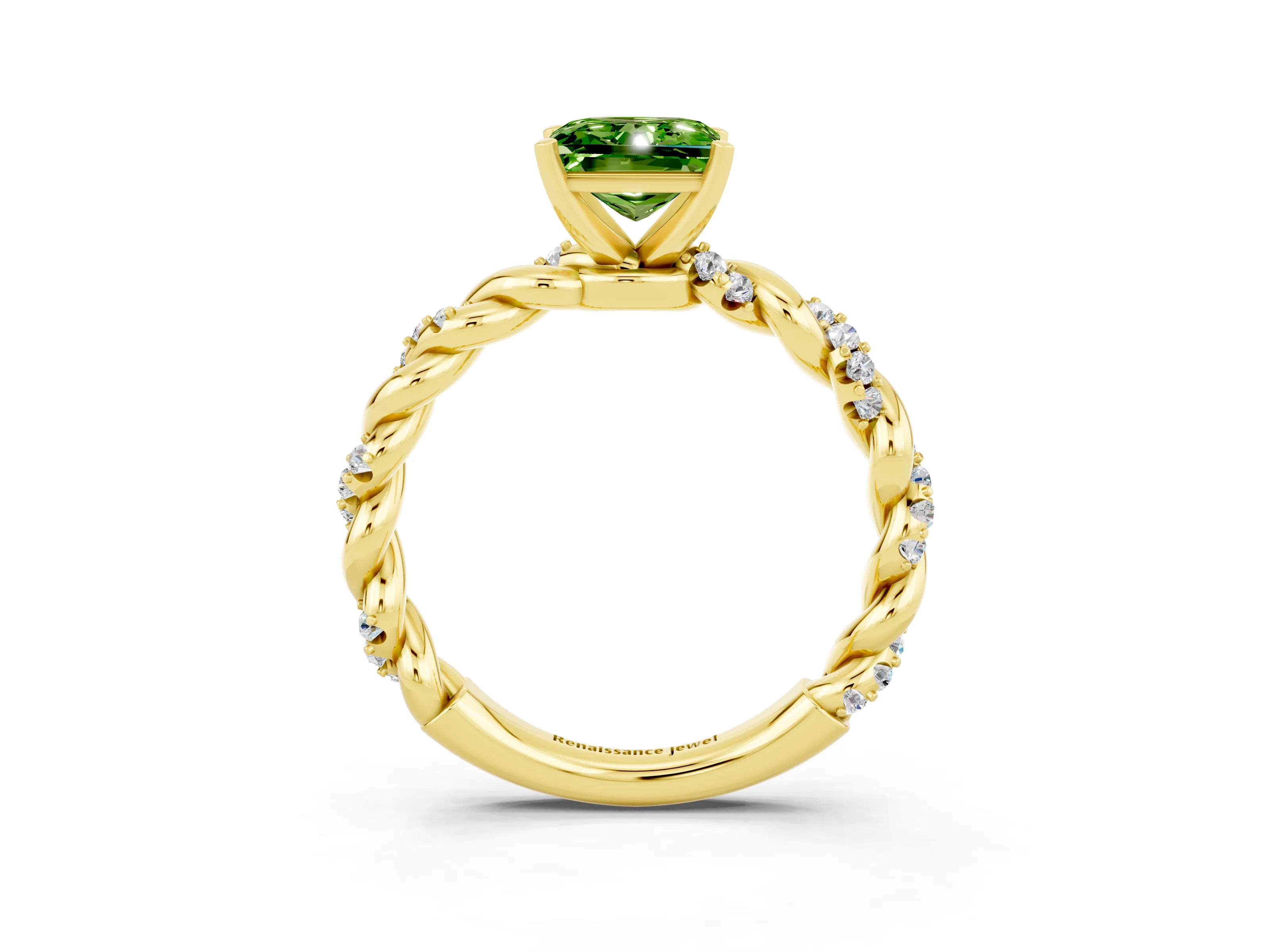Yellow gold Princess Cut Peridot Solitaire Ring with Twisted Band and Pavé Accents_3