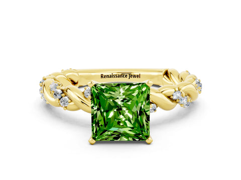 Yellow gold Princess Cut Peridot Solitaire Ring with Twisted Band and Pavé Accents