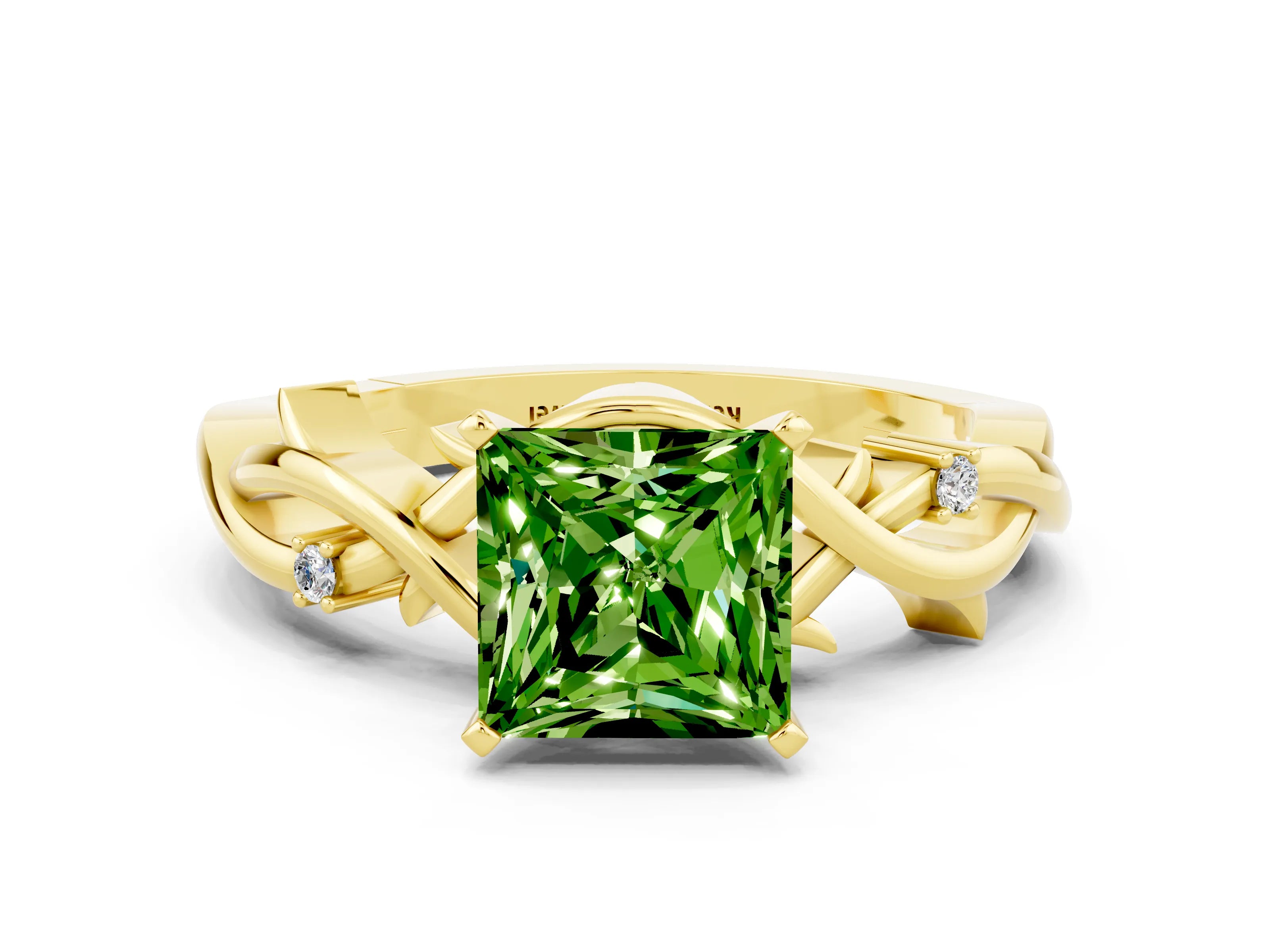 Yellow gold Princess Cut Peridot Solitaire Ring with Twisted Band and Prong Setting