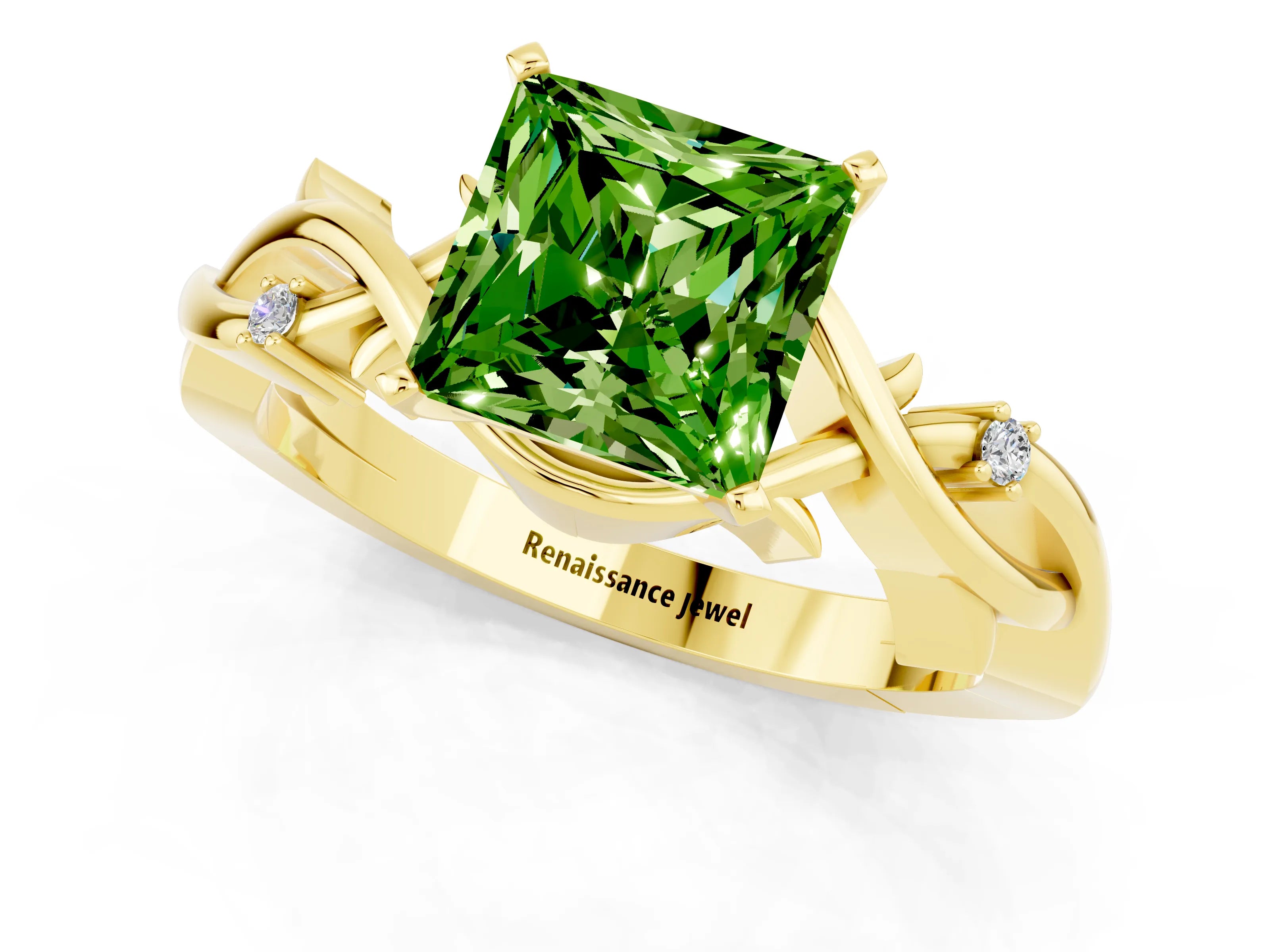 Yellow gold Princess Cut Peridot Solitaire Ring with Twisted Band and Prong Setting_1