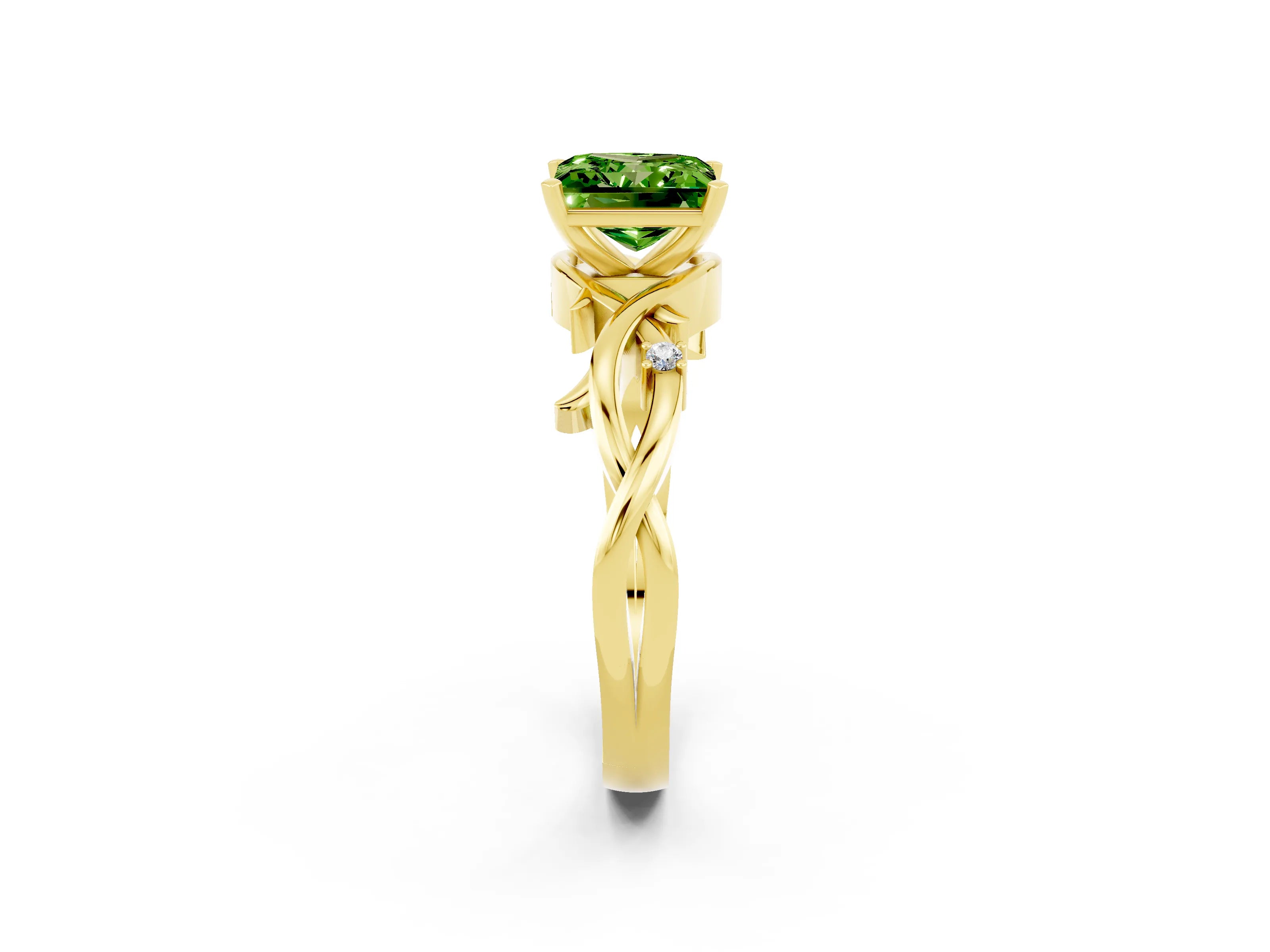 Yellow gold Princess Cut Peridot Solitaire Ring with Twisted Band and Prong Setting_2
