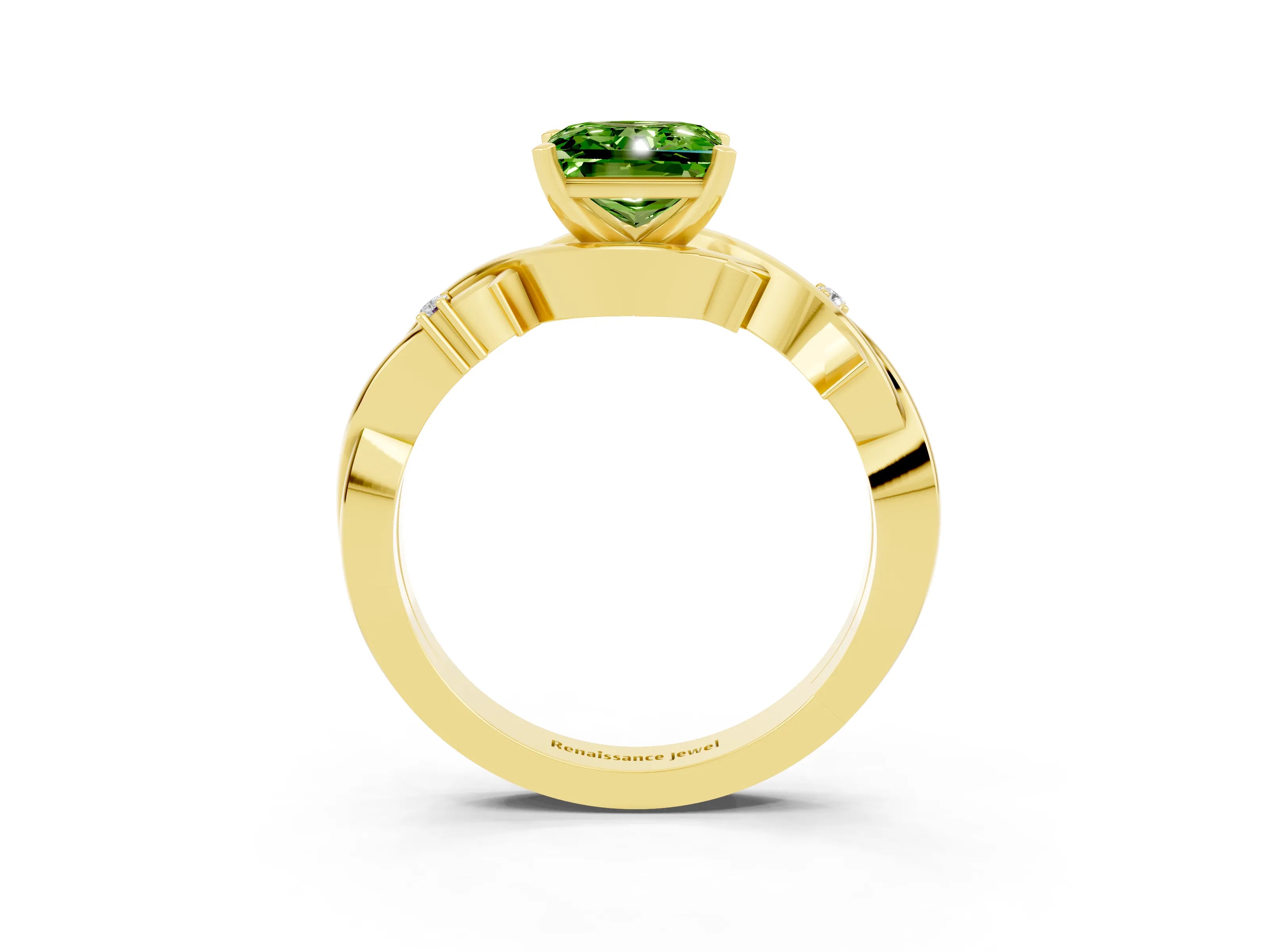 Yellow gold Princess Cut Peridot Solitaire Ring with Twisted Band and Prong Setting_3