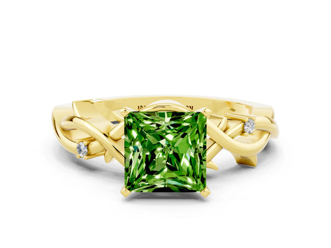 Yellow gold Princess Cut Peridot Solitaire Ring with Twisted Band and Prong Setting