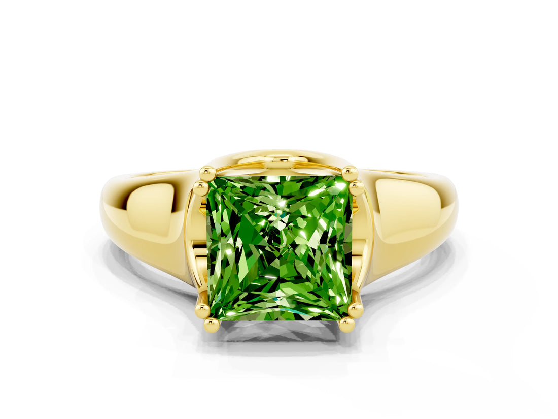 Yellow gold Princess Cut Peridot Solitaire Ring with Wide Band and Prong Setting