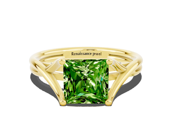 Yellow gold Princess Cut Peridot Solitaire Twist Band Prong Setting Ring