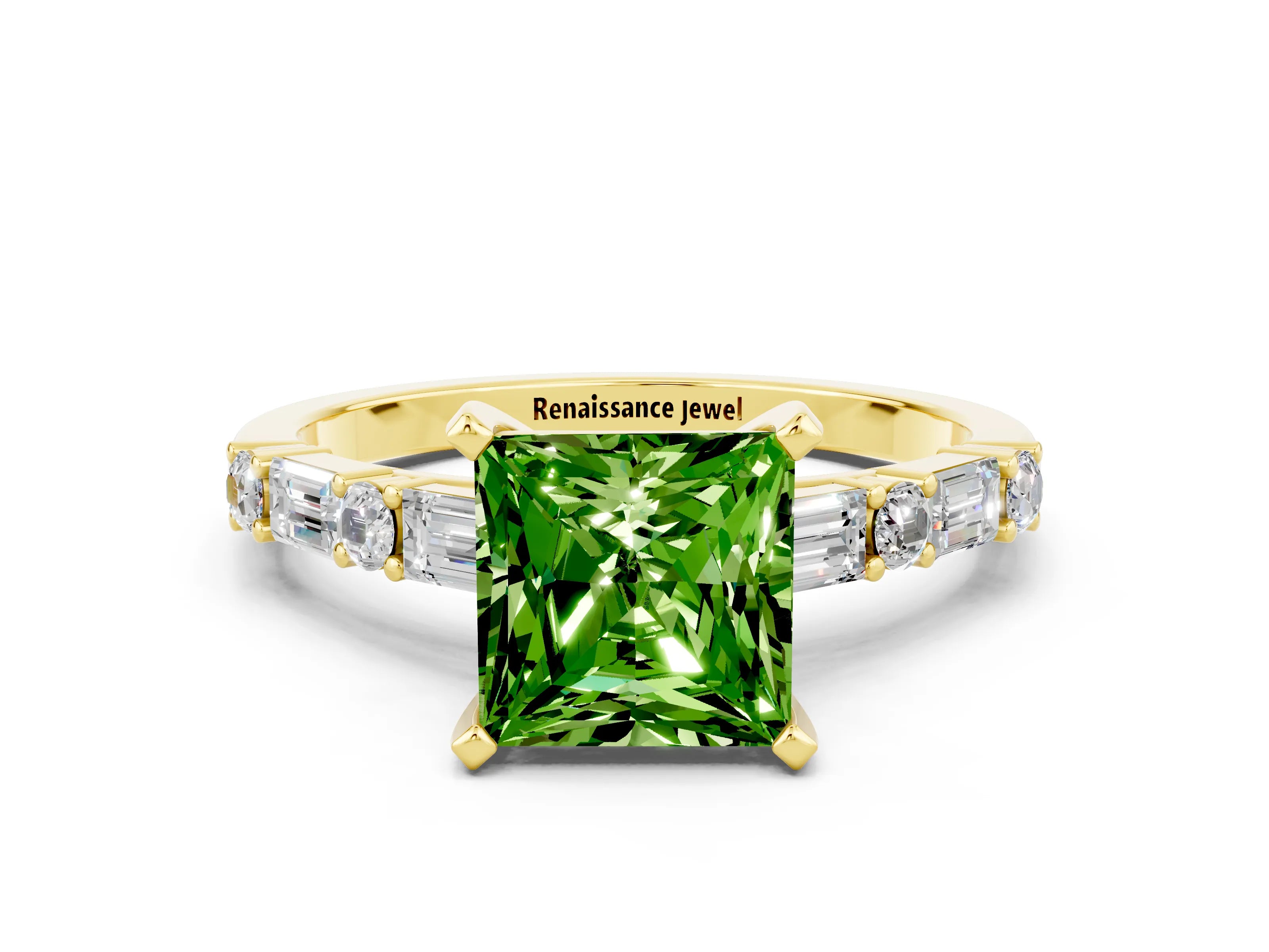 Yellow gold Princess Cut Peridot Solitaire with Side Baguettes and Channel Set Band
