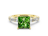 Yellow gold Princess Cut Peridot Solitaire with Side Baguettes and Channel Set Band