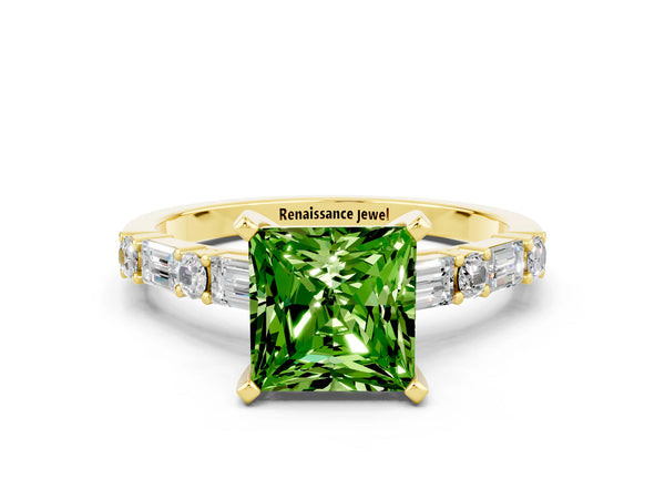 Yellow gold Princess Cut Peridot Solitaire with Side Baguettes and Channel Set Band