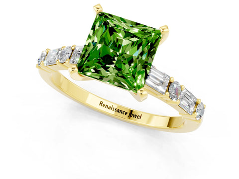 Yellow gold Princess Cut Peridot Solitaire with Side Baguettes and Channel Set Band_1