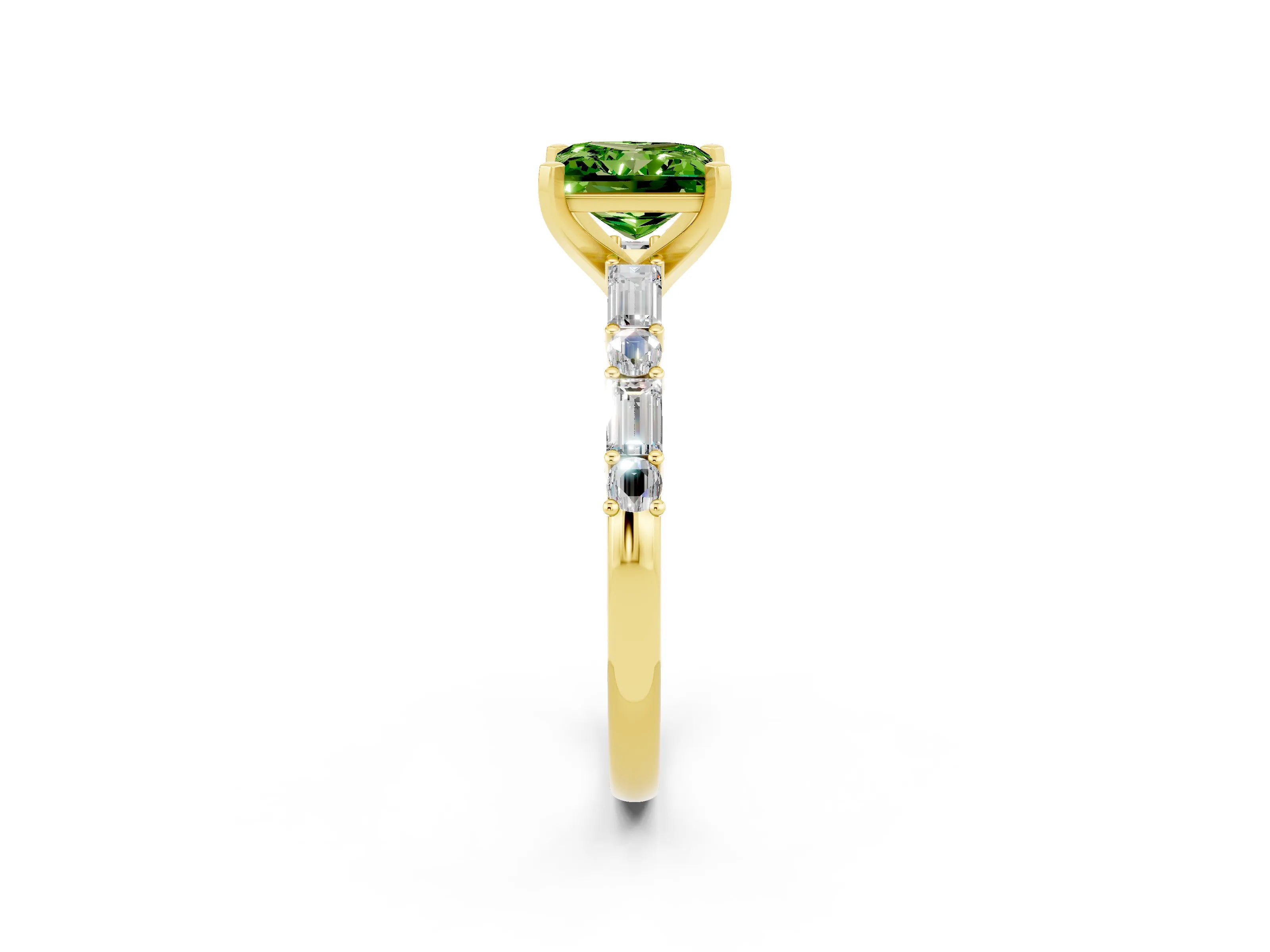 Yellow gold Princess Cut Peridot Solitaire with Side Baguettes and Channel Set Band_2