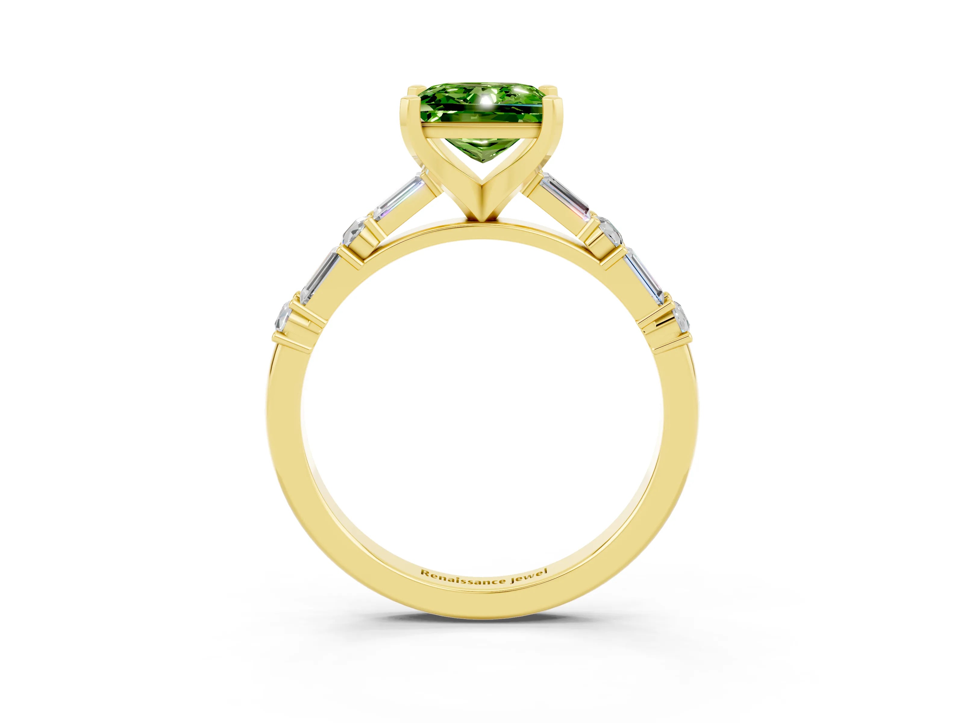 Yellow gold Princess Cut Peridot Solitaire with Side Baguettes and Channel Set Band_3