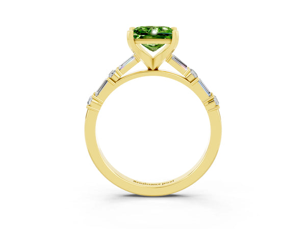 Yellow gold Princess Cut Peridot Solitaire with Side Baguettes and Channel Set Band