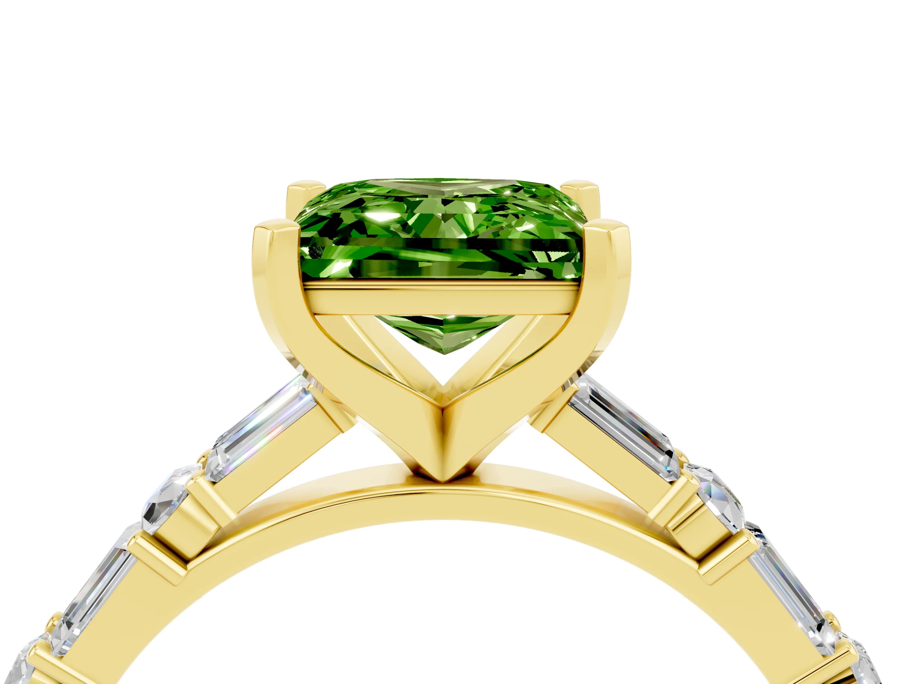 Yellow gold Princess Cut Peridot Solitaire with Side Baguettes and Channel Set Band_4