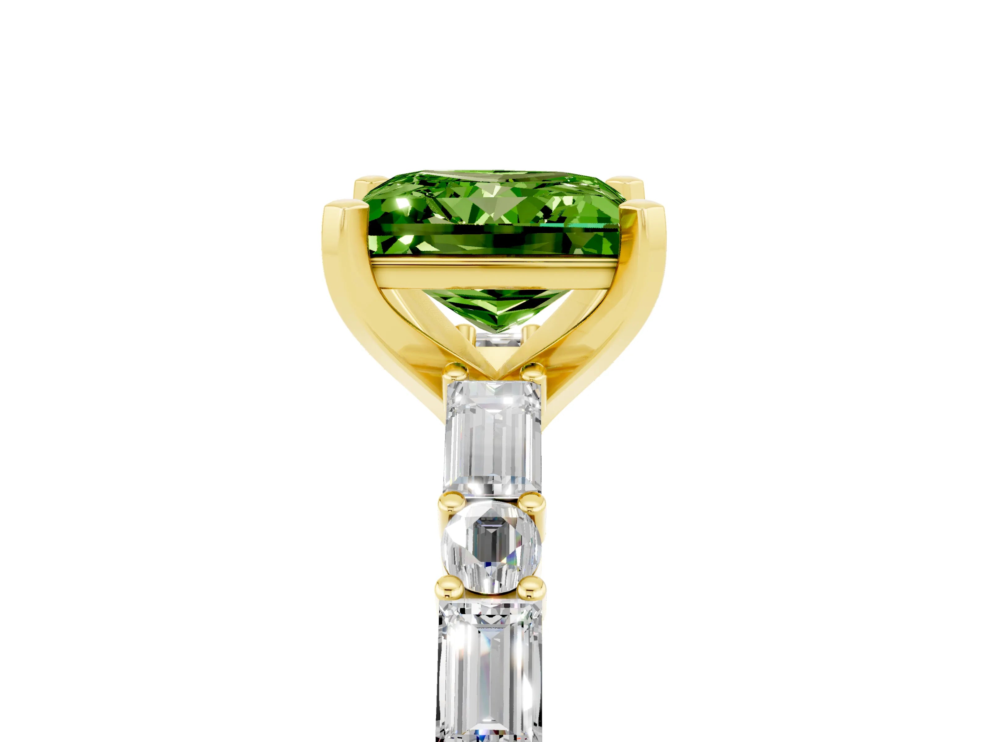 Yellow gold Princess Cut Peridot Solitaire with Side Baguettes and Channel Set Band_5