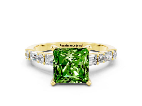 Yellow gold Princess Cut Peridot Solitaire with Side Baguettes and Channel Set Band