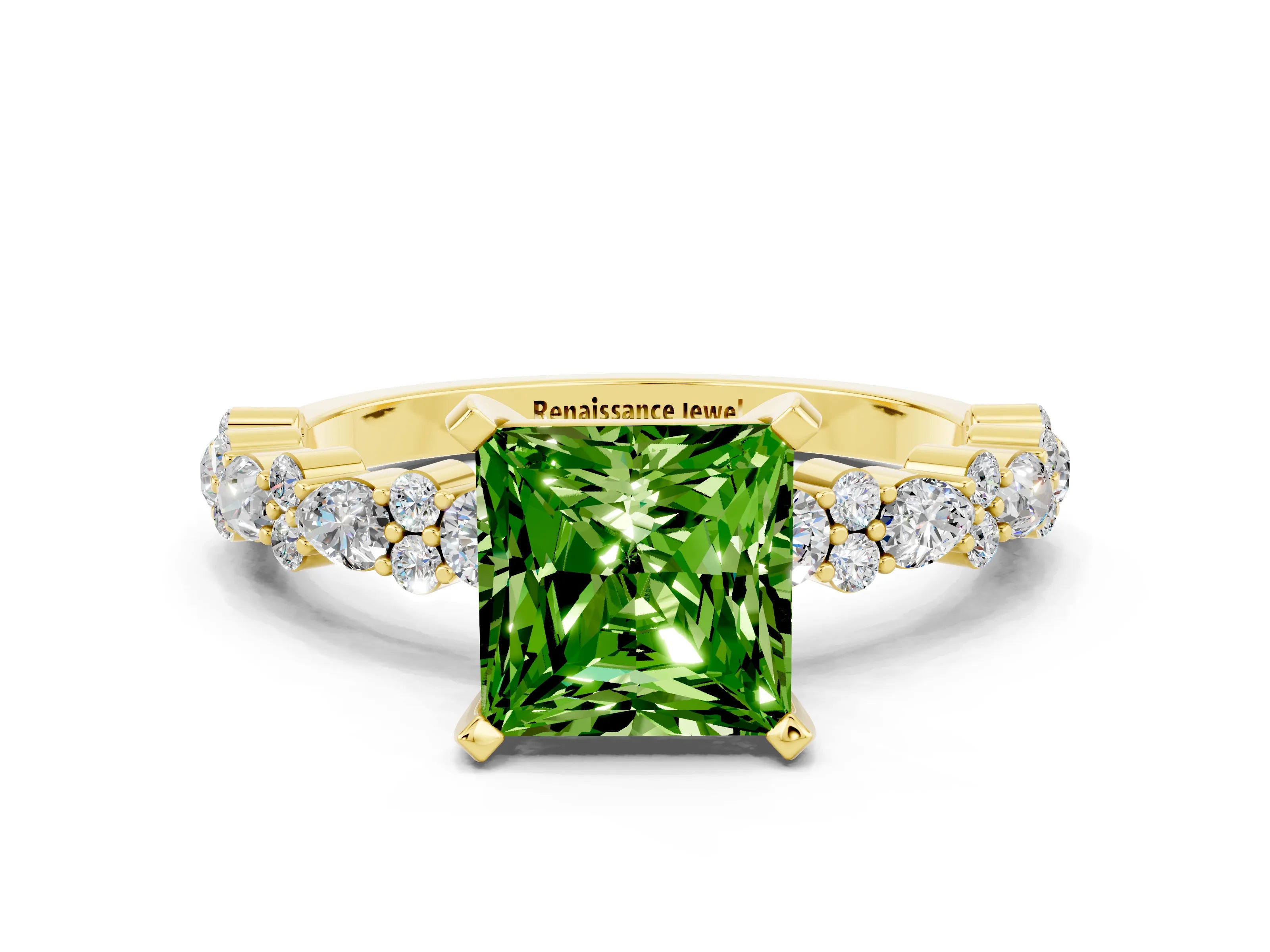 Yellow gold Princess Cut Peridot Solitaire with Side Stones, Pave Band, Four-Prong Setting_36