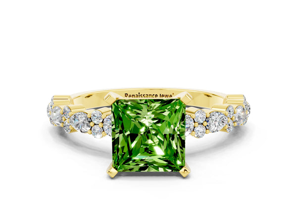 Yellow gold Princess Cut Peridot Side Stone Solitaire Ring with Round  and Four-Prong Setting