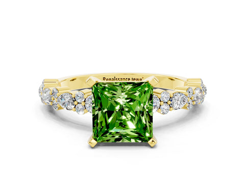 Yellow gold Princess Cut Peridot Solitaire with Side Stones, Pave Band, Four-Prong Setting_36