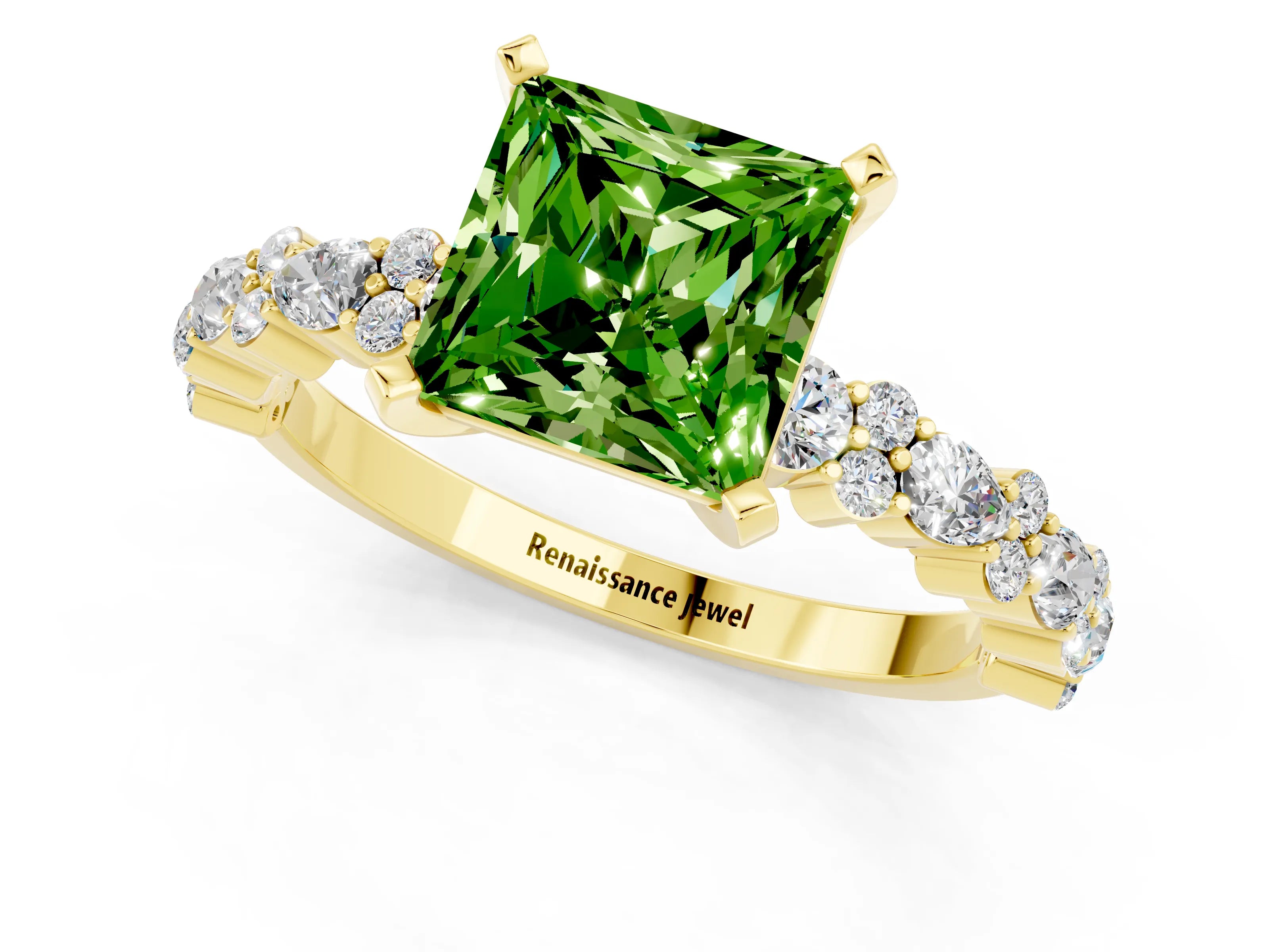 Yellow gold Princess Cut Peridot Solitaire with Side Stones, Pave Band, Four-Prong Setting_37