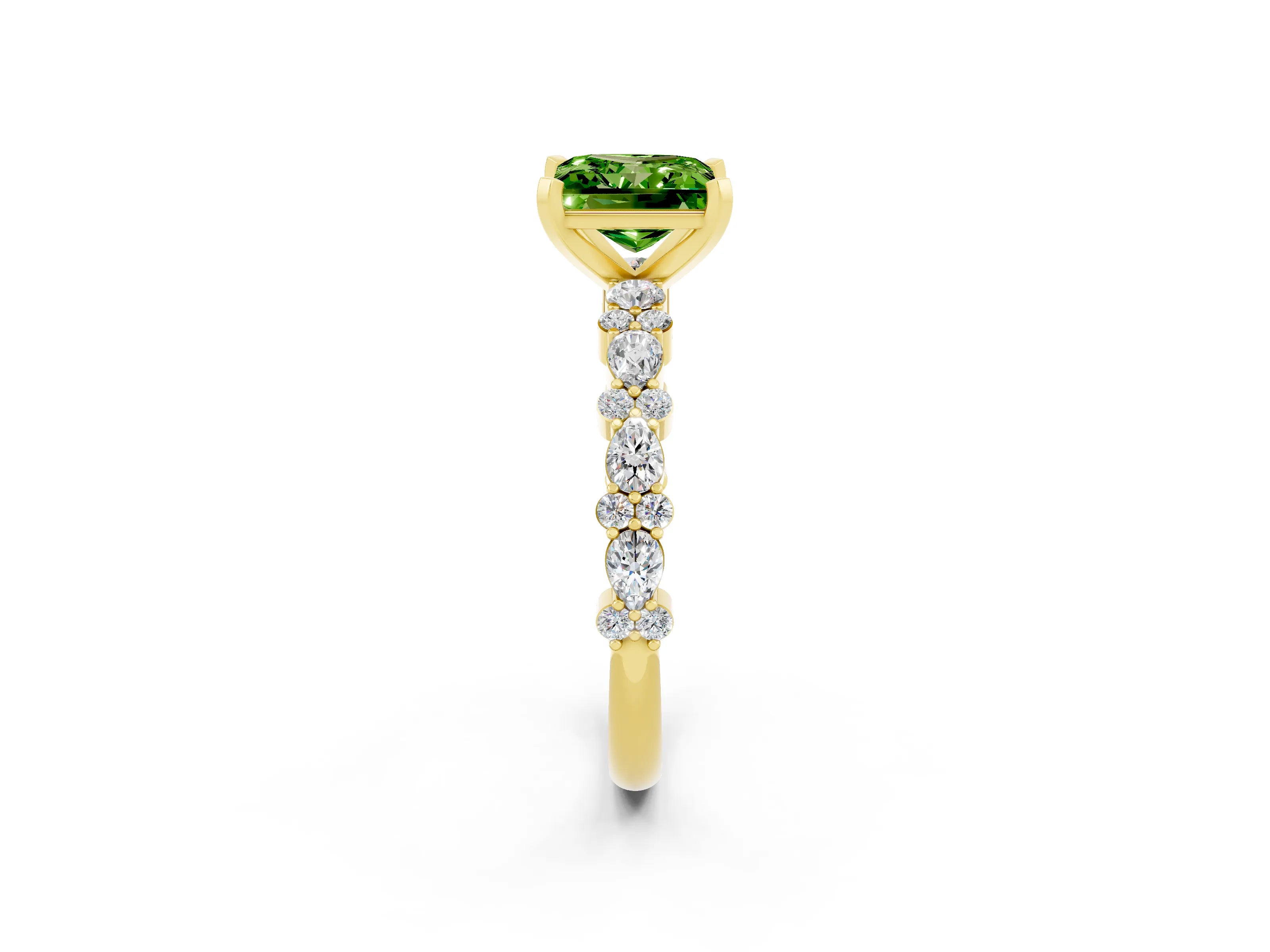 Yellow gold Princess Cut Peridot Solitaire with Side Stones, Pave Band, Four-Prong Setting_38