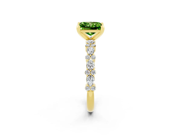 Yellow gold Princess Cut Peridot Side Stone Solitaire Ring with Round  and Four-Prong Setting