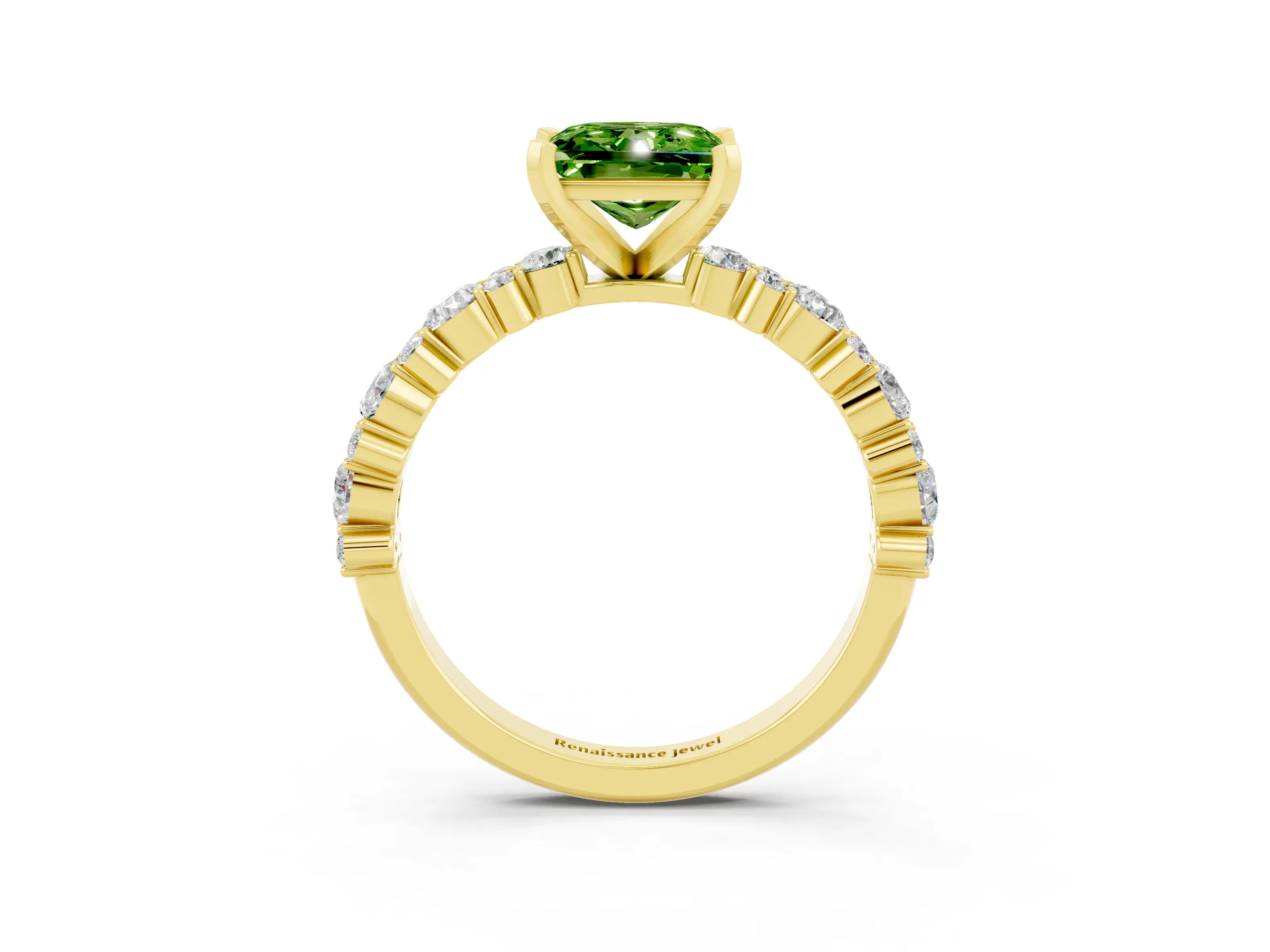 Yellow gold Princess Cut Peridot Solitaire with Side Stones, Pave Band, Four-Prong Setting_39