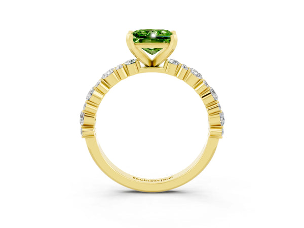 Yellow gold Princess Cut Peridot Side Stone Solitaire Ring with Round  and Four-Prong Setting
