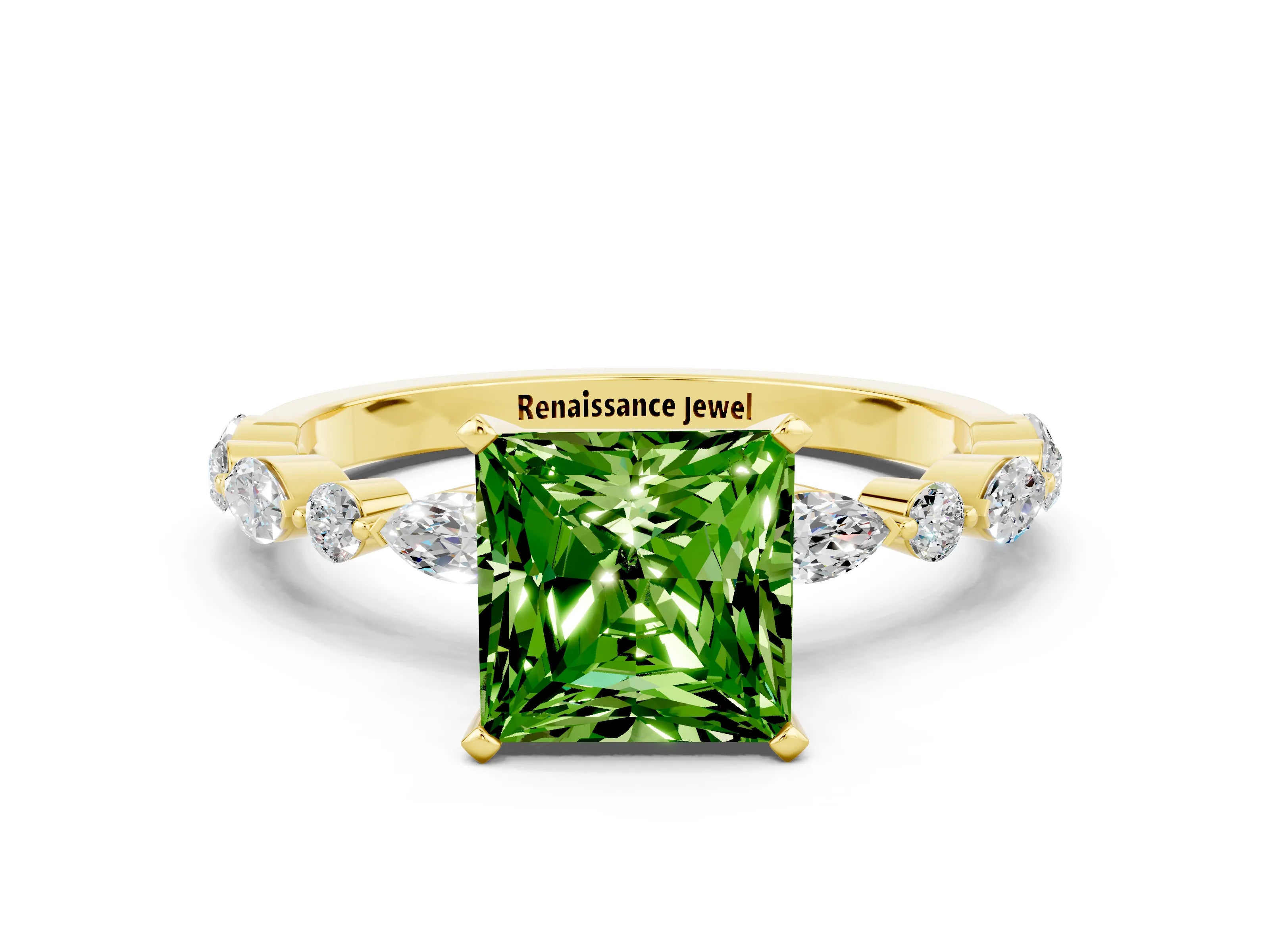 Yellow gold Princess Cut Peridot Solitaire with Side Stones on a Pavé Band and Four-Prong Setting