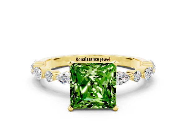 Yellow gold Princess Cut Peridot Ring with Marquise and Round  Side Stones and Four-Prong Setting