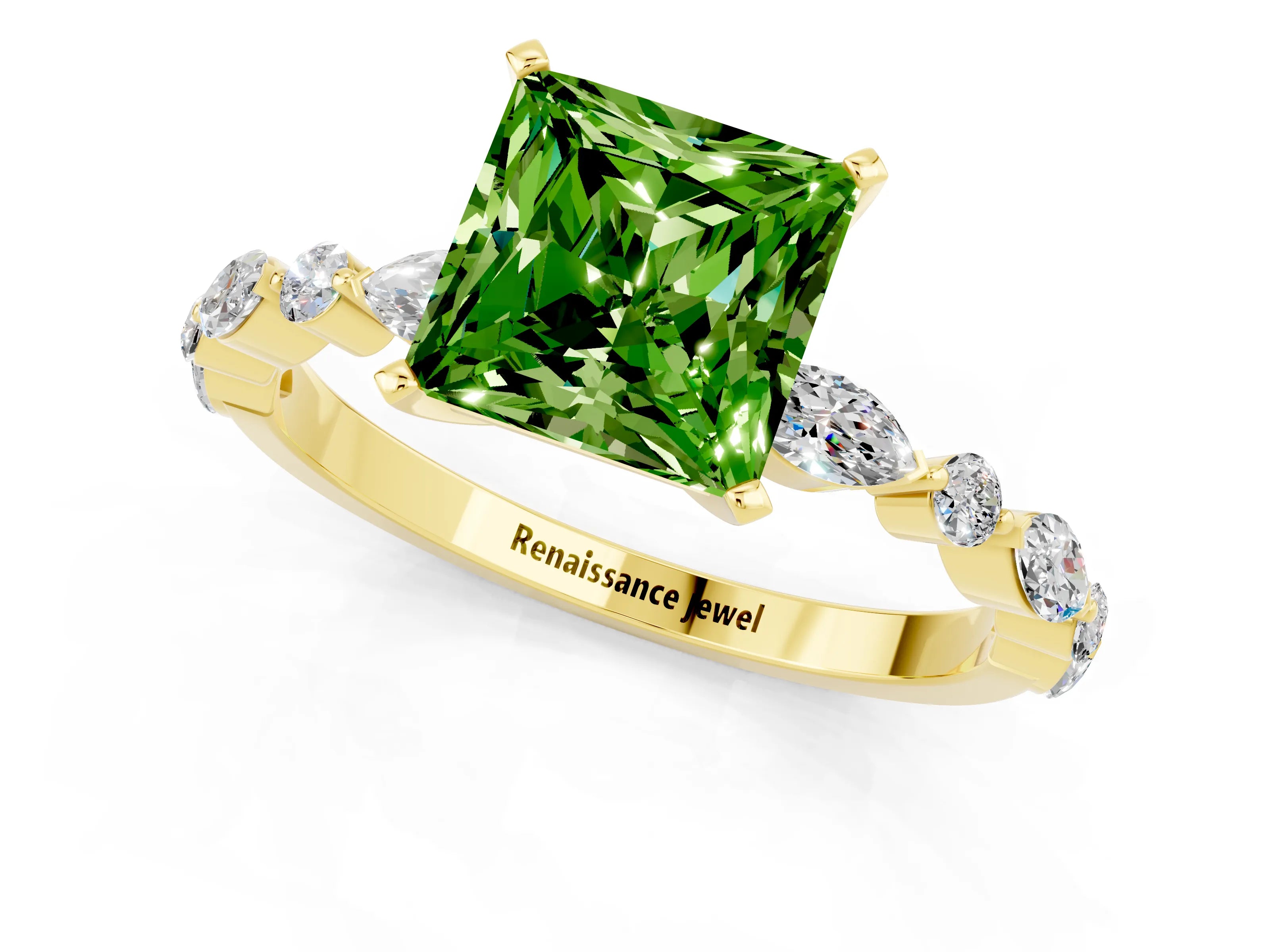 Yellow gold Princess Cut Peridot Solitaire with Side Stones on a Pavé Band and Four-Prong Setting_1