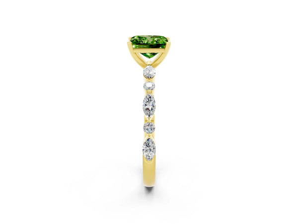 Yellow gold Princess Cut Peridot Ring with Marquise and Round  Side Stones and Four-Prong Setting