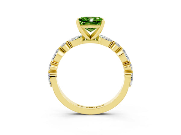 Yellow gold Princess Cut Peridot Ring with Marquise and Round  Side Stones and Four-Prong Setting