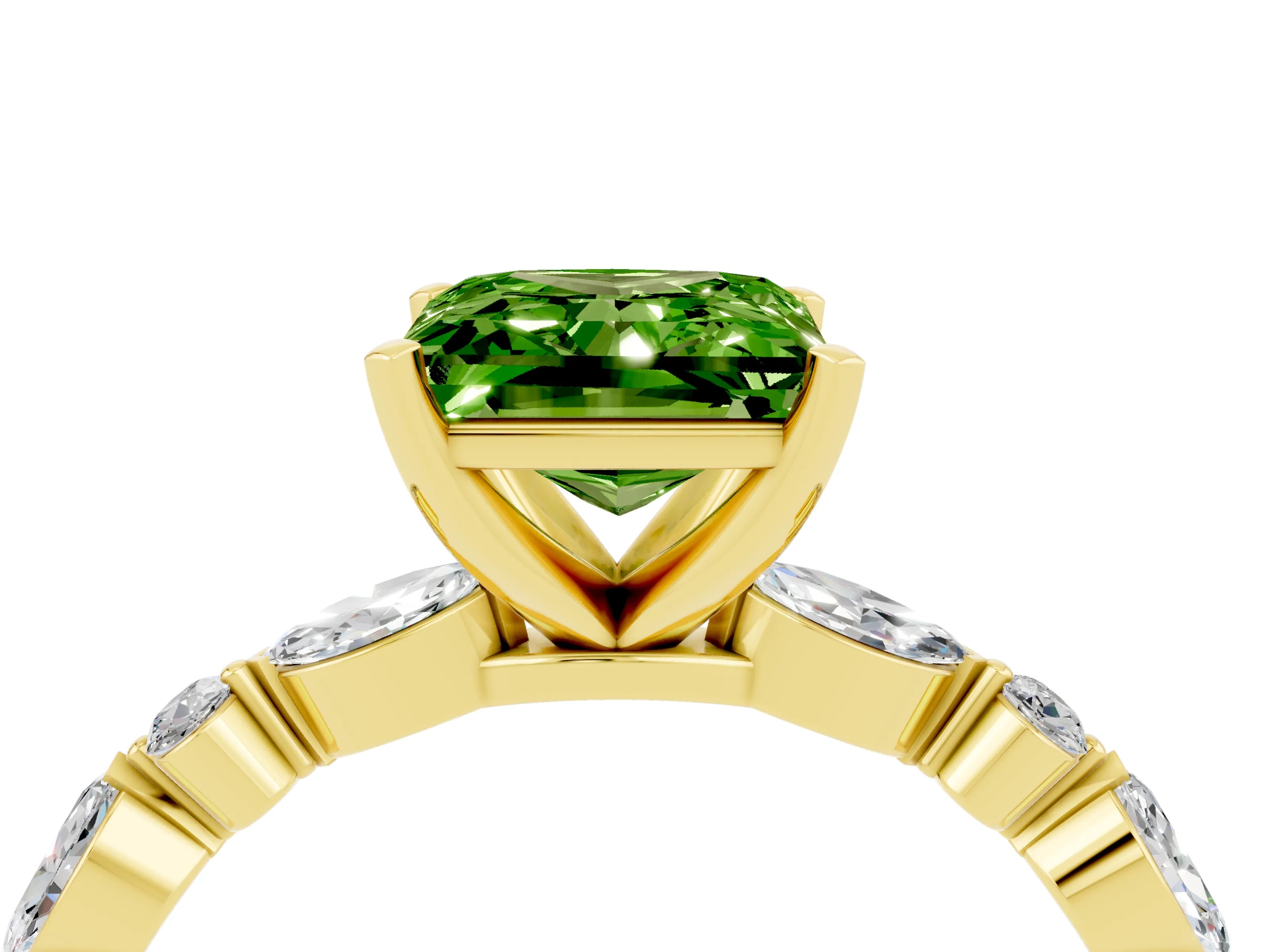 Yellow gold Princess Cut Peridot Solitaire with Side Stones on a Pavé Band and Four-Prong Setting_4