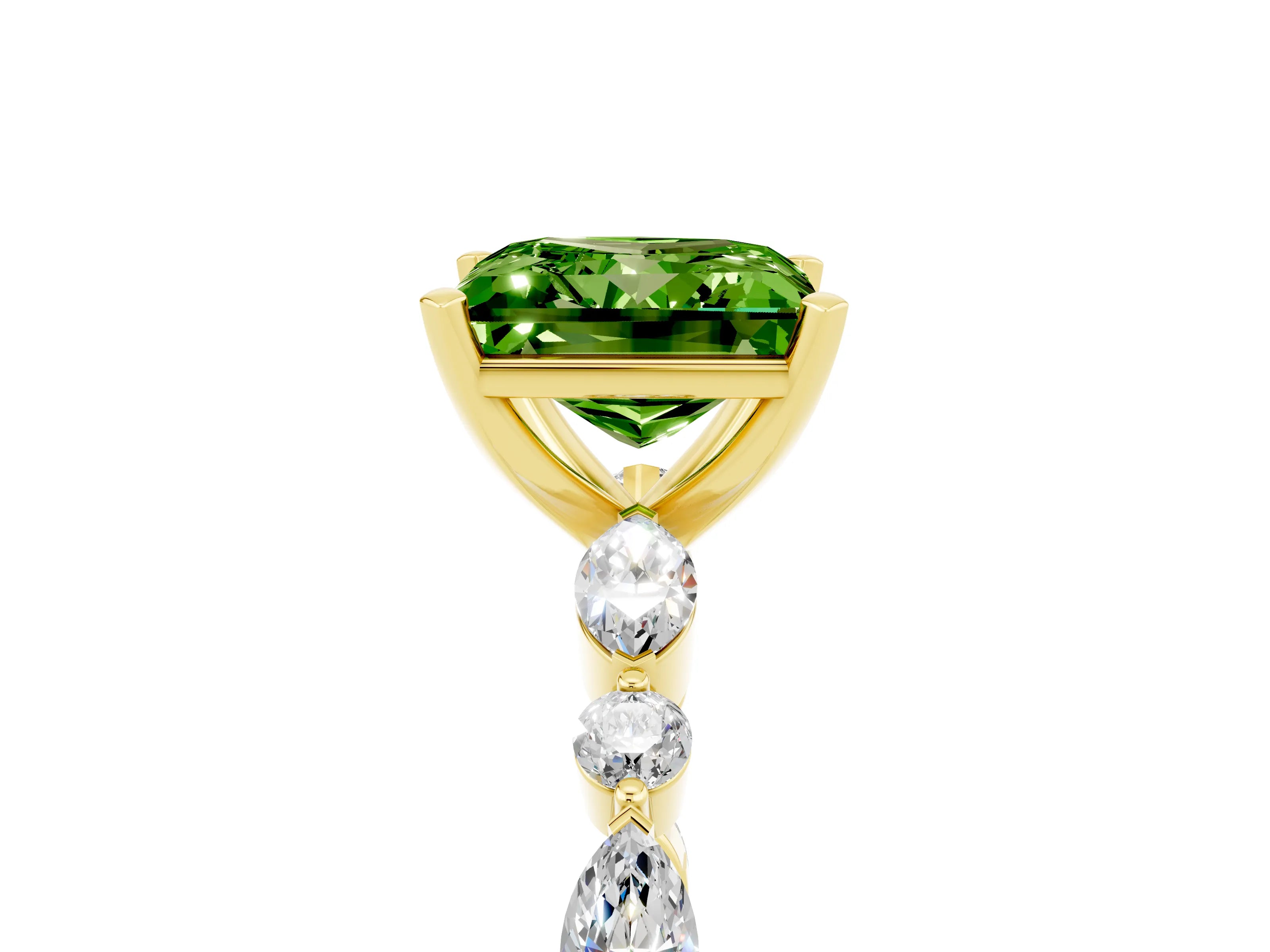 Yellow gold Princess Cut Peridot Solitaire with Side Stones on a Pavé Band and Four-Prong Setting_5