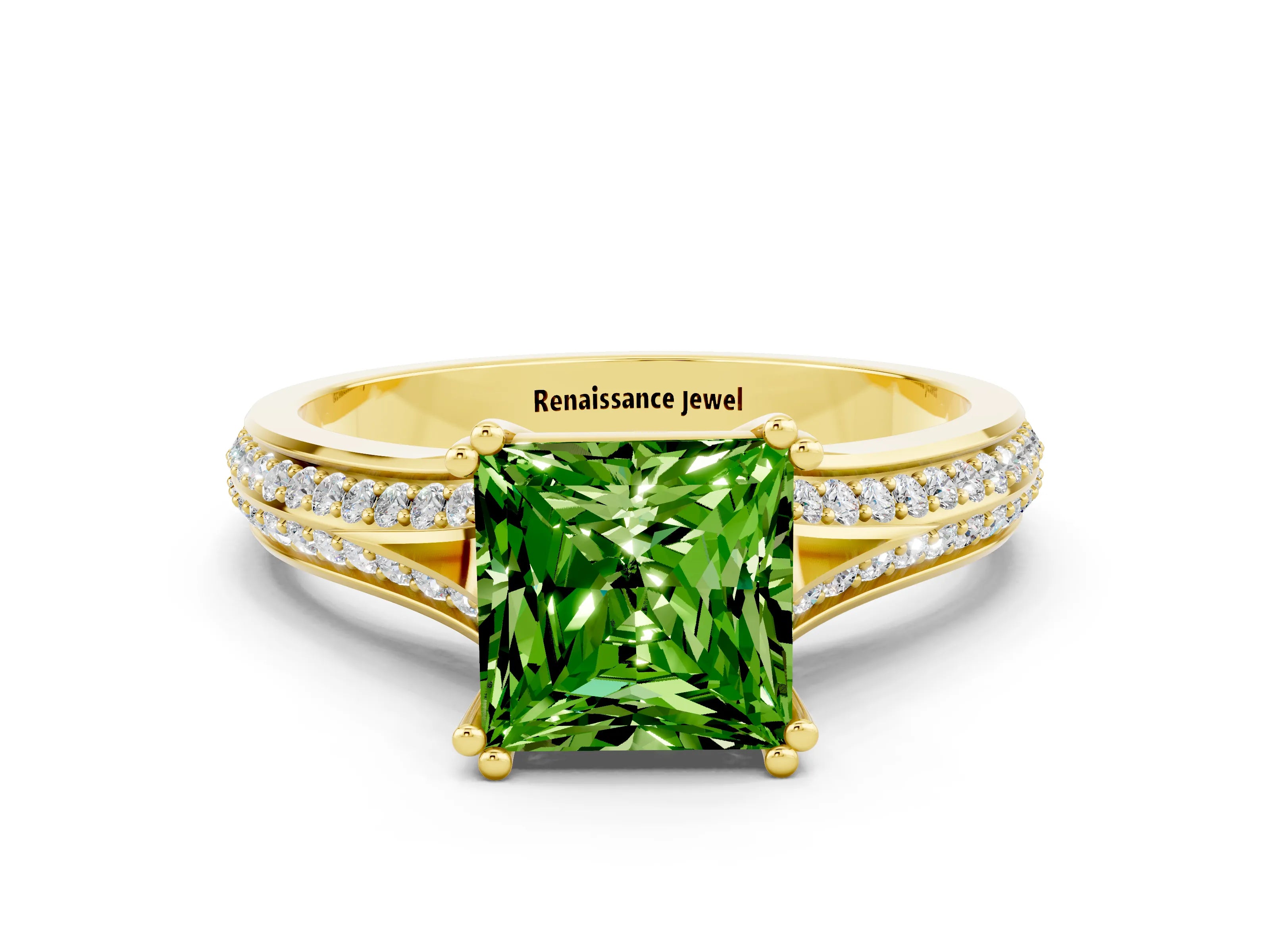 Yellow gold Princess Cut Peridot Split Shank Engagement Ring with Pavé Band