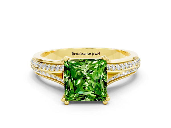 Yellow gold Princess Cut Peridot Split Shank Engagement Ring with Pavé Band