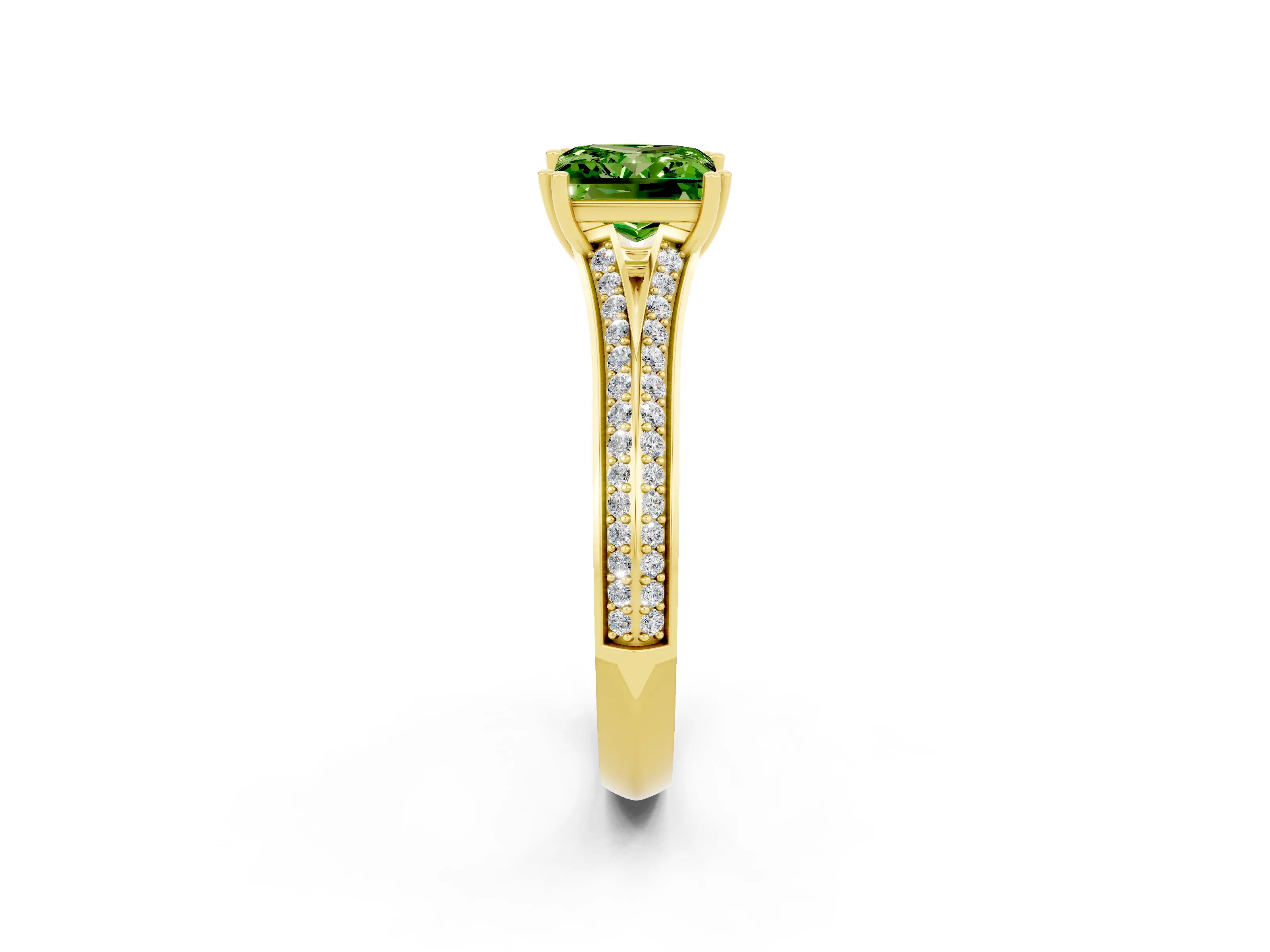 Yellow gold Princess Cut Peridot Split Shank Engagement Ring with Pavé Band_2