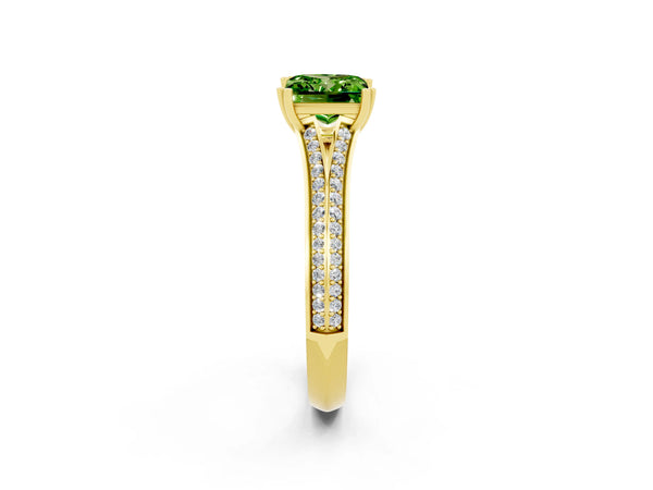 Yellow gold Princess Cut Peridot Split Shank Engagement Ring with Pavé Band
